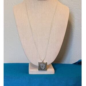 Fleur De Lis Shield On Stone Pendant on 18K Gold Plated 23" Silver Snake Chain